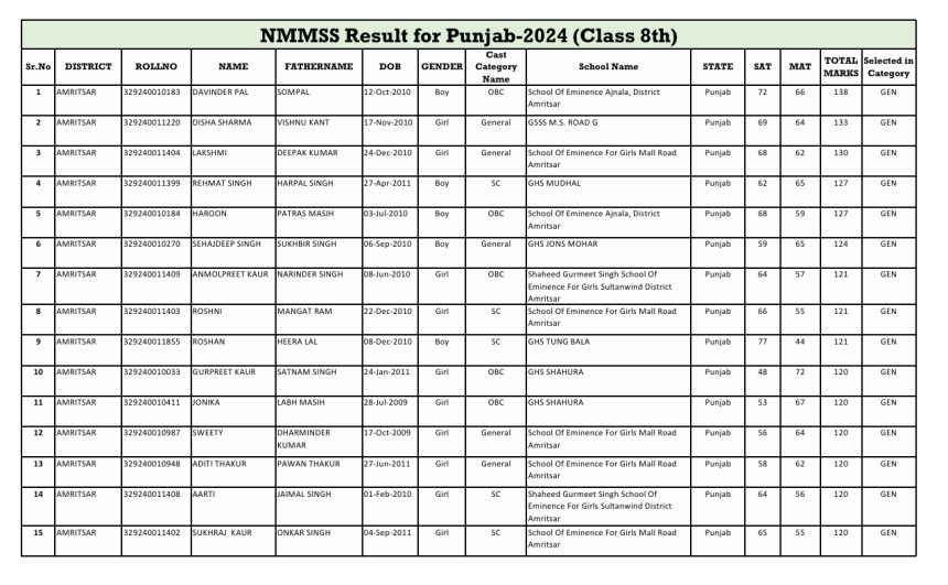 PSTSE/NMMSS 2025 Class 8th Result